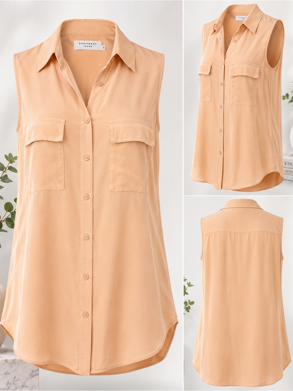 Equipment Femme 100% Silk Sleeveless Button Front Blouse Top Peach Nude Size S